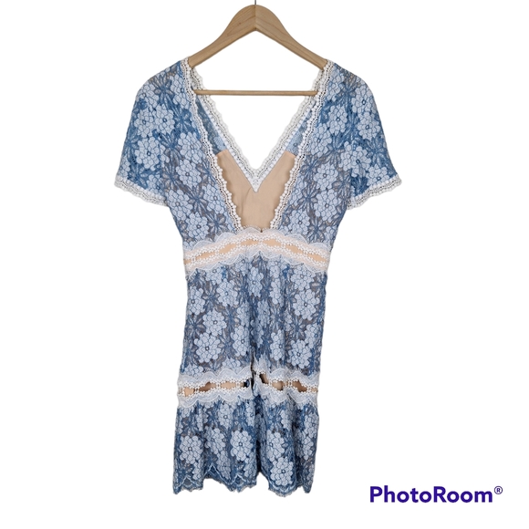 Foxiedox Blue White Floral Lace V Neck Open Back Mini Dress Sz S - Picture 11 of 11